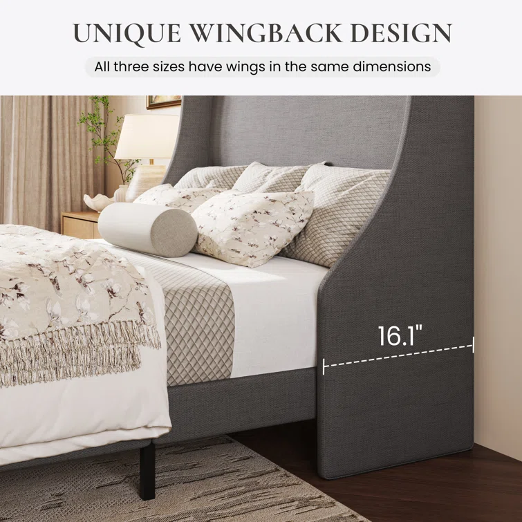 Bowdoin Modern Linen Upholstered Wingback Platform Bed with Wooden Slats 10 Bowdoin Modern Linen Upholstered Wingback Platform Bed with Wooden Slats