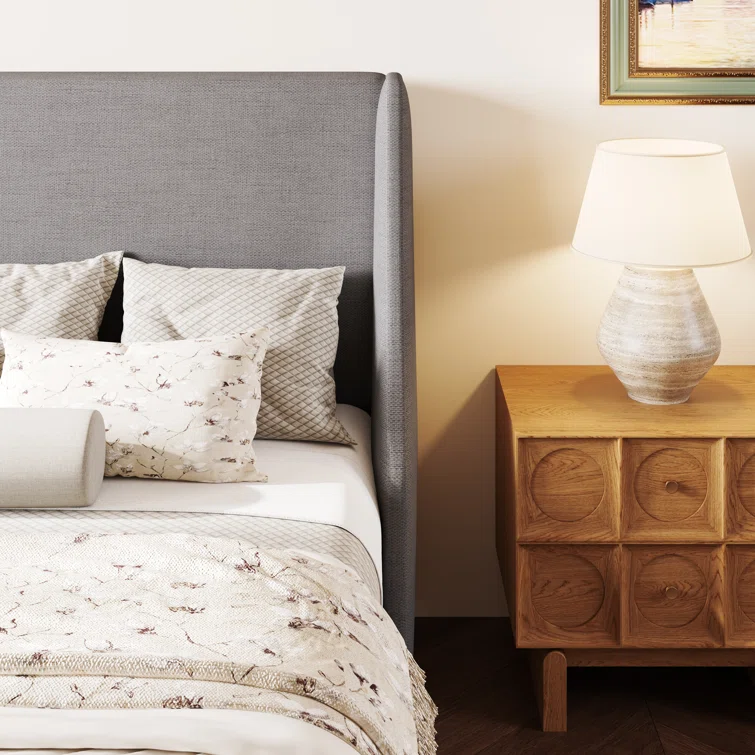 Bowdoin Modern Linen Upholstered Wingback Platform Bed with Wooden Slats 2 Bowdoin Modern Linen Upholstered Wingback Platform Bed with Wooden Slats