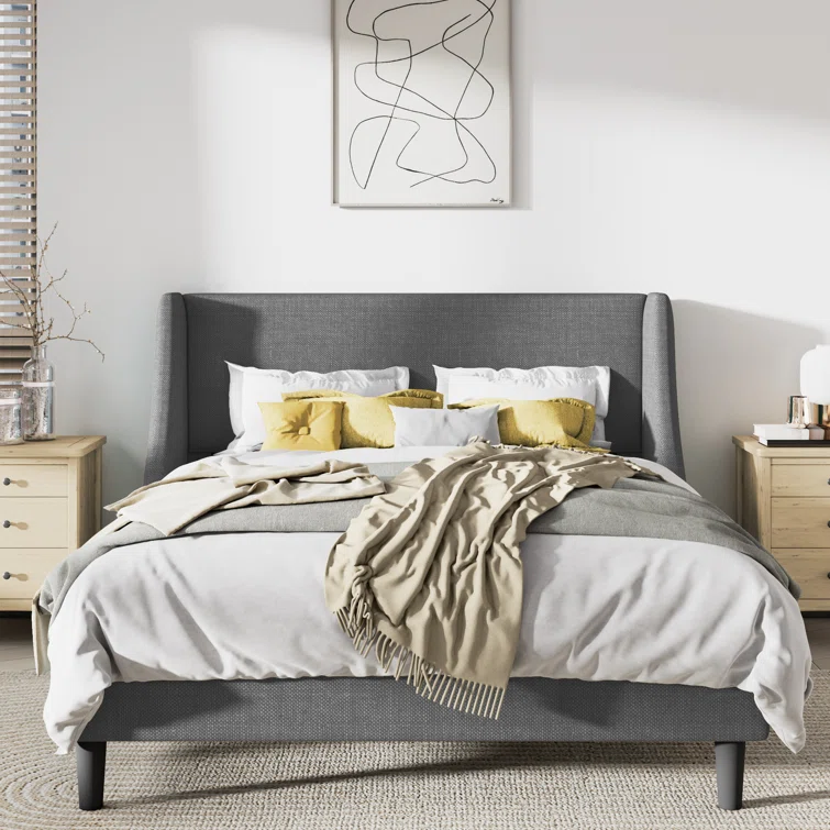 Bowdoin Modern Linen Upholstered Wingback Platform Bed with Wooden Slats 5 Bowdoin Modern Linen Upholstered Wingback Platform Bed with Wooden Slats