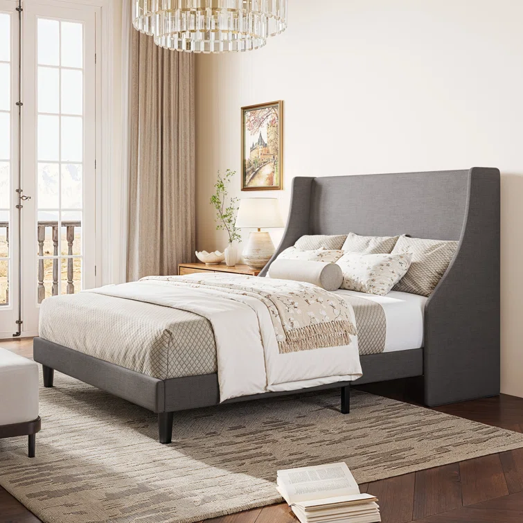 Bowdoin Modern Linen Upholstered Wingback Platform Bed with Wooden Slats 6 Bowdoin Modern Linen Upholstered Wingback Platform Bed with Wooden Slats