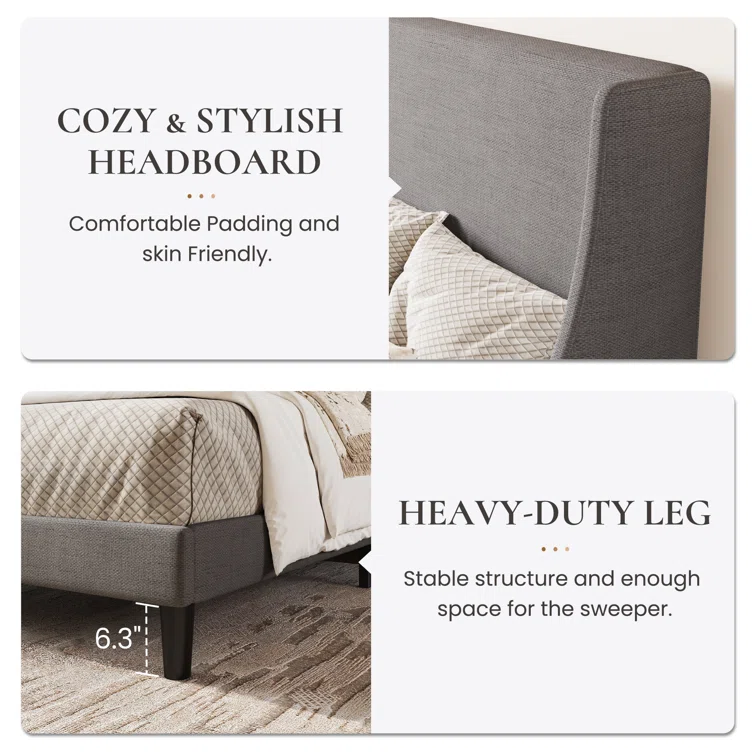 Bowdoin Modern Linen Upholstered Wingback Platform Bed with Wooden Slats 7 Bowdoin Modern Linen Upholstered Wingback Platform Bed with Wooden Slats