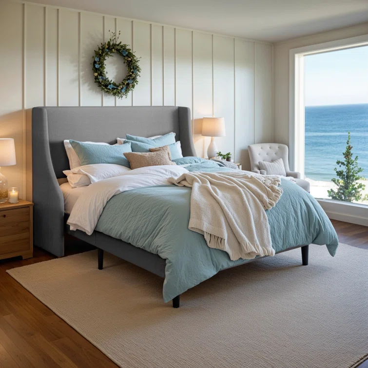 Bowdoin+Modern+Linen+Upholstered+Wingback+Platform+Bed+with+Wooden+Slats Bowdoin Modern Linen Upholstered Wingback Platform Bed with Wooden Slats