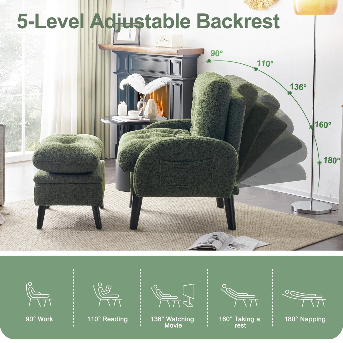 Elandra Recliner Lounge Chair with Ottoman – 5-Level Adjustable Backrest 2 Elandra Recliner Lounge Chair with Ottoman – 5-Level Adjustable Backrest