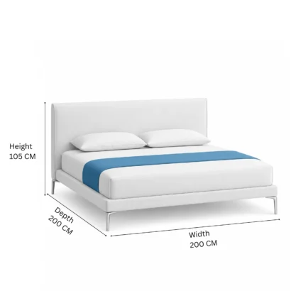 Modern Aether Luxe Bed featuring reinforced solid wood construction, bamboo lyocell fabric, and aluminium stiletto legs for luxury bedroom interiors.