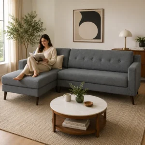 Amanda RHS L-Shaped Sectional Sofa styled in a modern living room by Ansary Furniture Dubai