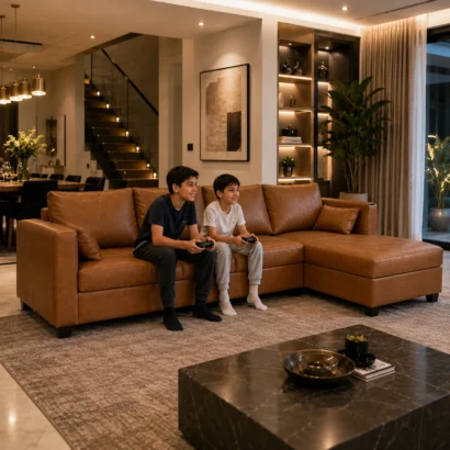 Luxury Bingo Fox Leather L-Shape 6-Seater Sofa crafted for contemporary homes across the UAE.