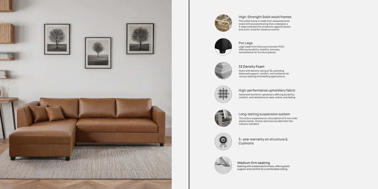 UrbanComfort L-Shaped Sofa – Stylish Brown Leatherette with Durable Frame & Plush Seating 3 UrbanComfort L-Shaped Sofa – Stylish Brown Leatherette with Durable Frame & Plush Seating