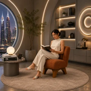 Brenetta upholstered accent chair in a modern luxury living room, premium fabric lounge chair for stylish homes in Dubai, UAE.