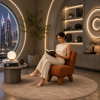 Brenetta upholstered accent chair in a modern luxury living room, premium fabric lounge chair for stylish homes in Dubai, UAE.