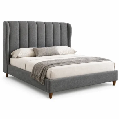 Contemporary gray fabric wingback bed frame with vertical channel tufting for modern bedrooms.