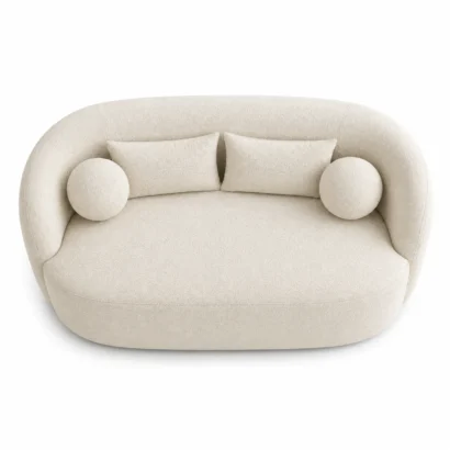 Modern cream bouclé 2-seater sofa with rounded arms, plush cushions, and durable performance fabric for stylish living spaces.