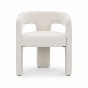 Dalpat Rustic Iron Arm Chair front view in premium ivory bouclé fabric with a modern sculptural design by Ansary Furniture Dubai UAE.