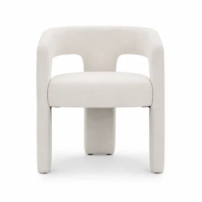 Dalpat Rustic Iron Arm Chair front view in premium ivory bouclé fabric with a modern sculptural design by Ansary Furniture Dubai UAE.