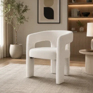 Dalpat Rustic Iron Arm Chair placed in a modern living room, upholstered in luxurious ivory bouclé fabric by Ansary Furniture Dubai UAE.