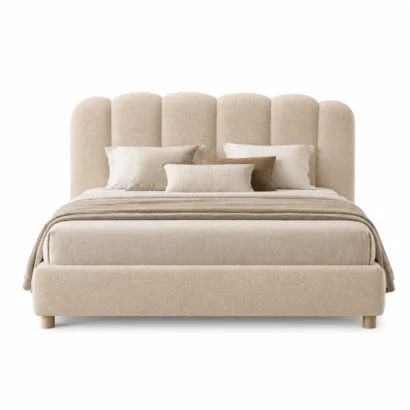 LuxeComfy upholstered bed frame with soft curved six-panel headboard in oatmeal textured fabric, Dubai UAE.