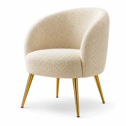 Elegant Dawson Bouclé Barrel Chair right-side view with gold metal legs