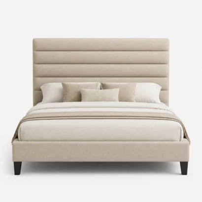 Elison Platform Bed with premium beige linen-look upholstery and horizontal channel tufted headboard in Dubai, UAE.