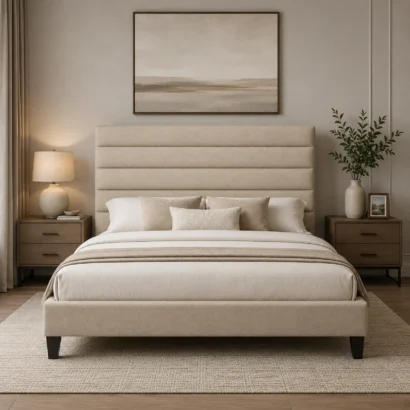 Front view of the Elison Platform Bed featuring premium fabric upholstery, padded headboard, and modern platform frame.