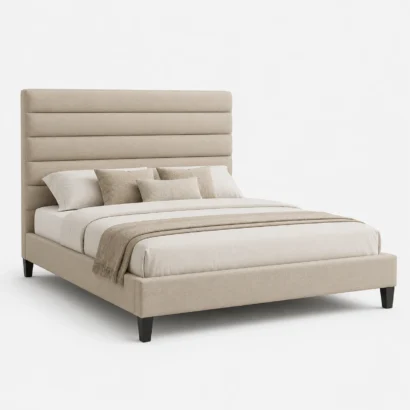 Detailed view of the padded horizontal channel tufted headboard on the Elison Platform Bed with premium linen-look fabric.