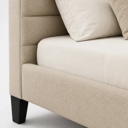 Close-up of the premium beige linen-look upholstery fabric used on the Elison Platform Bed, showing the woven texture and stitching.