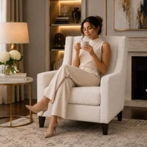 Exclusive Wingback Accent Chair in white fabric – modern luxury accent chair for living rooms in Dubai, UAE | Ansary Furniture