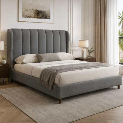 Premium linen upholstered platform bed with wingback headboard available in Dubai, UAE.