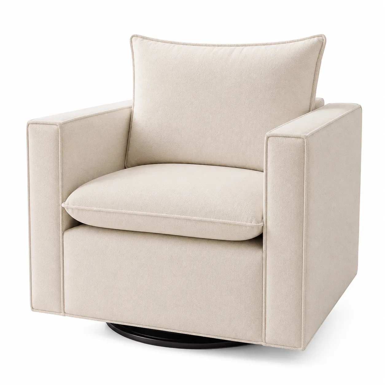 Hendina beige modern swivel accent armchair with padded back and black swivel base