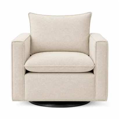 Front view of Upholstered Swivel Accent Armchair with cushioned seat
