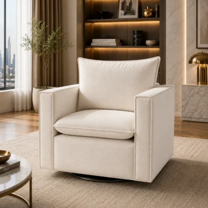 Hendina modern upholstered swivel accent chair in a luxury Dubai living room