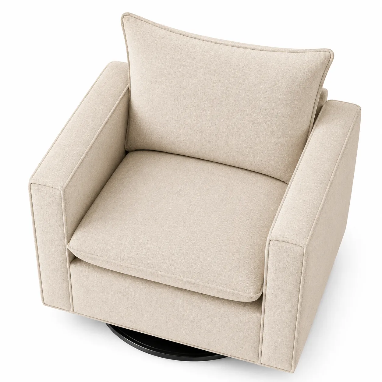 Top angle view of Hendina upholstered swivel accent chair showing beige fabric