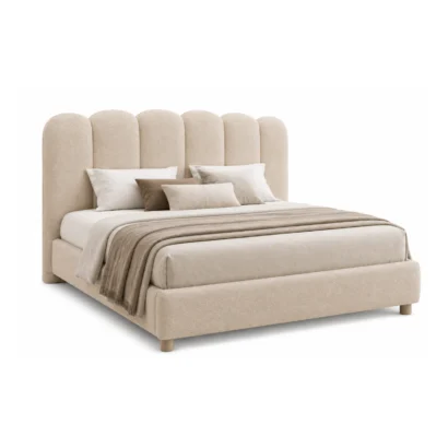 Premium upholstered bed frame with solid wood construction and oatmeal fabric for modern bedrooms in Dubai.