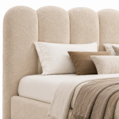 Modern LuxeComfy fabric bed frame featuring a padded curved headboard and durable wooden base.