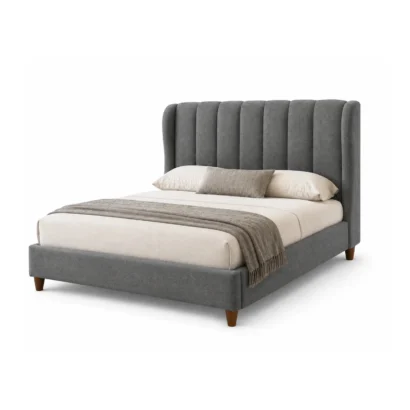 Modern upholstered linen platform bed featuring a wingback headboard and premium fabric finish.