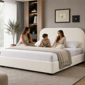 Luxury Reigen Bouclé Bed with elegant bouclé fabric upholstery for modern UAE homes