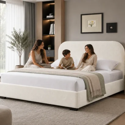 Luxury Reigen Bouclé Bed with elegant bouclé fabric upholstery for modern UAE homes