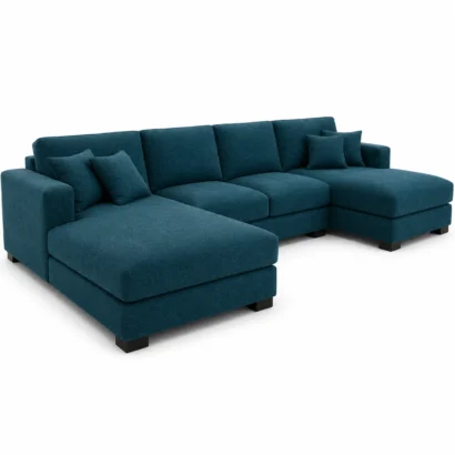 Modern Teal Blue U-Shaped Corner Sofa designed for contemporary homes with comfortable seating and elegant premium fabric finish.