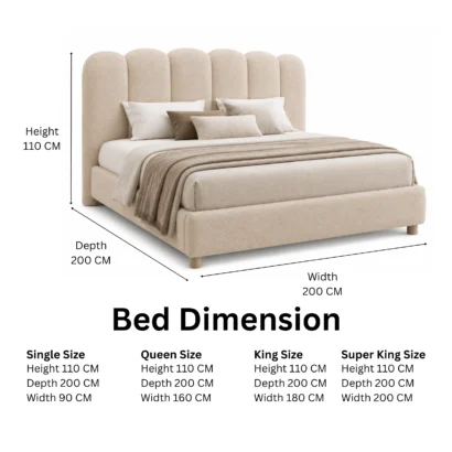 Luxury upholstered platform bed in oatmeal textured weave fabric with six-panel headboard for UAE homes.