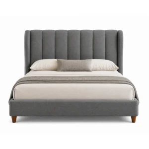 Luxury gray linen wingback platform bed with tall channel-tufted headboard in Dubai, UAE.