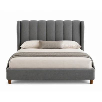 Luxury gray linen wingback platform bed with tall channel-tufted headboard in Dubai, UAE.