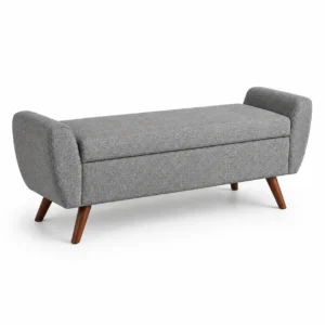 Mid-century modern upholstered storage bench in textured grey fabric with walnut legs