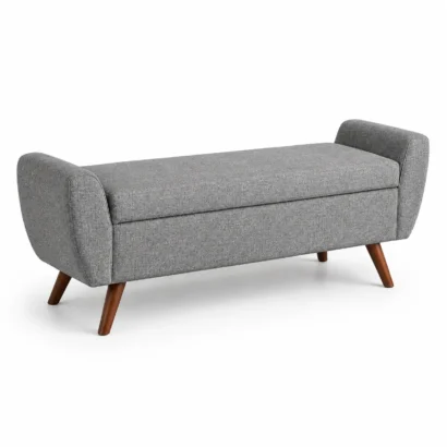Mid-century modern upholstered storage bench in textured grey fabric with walnut legs