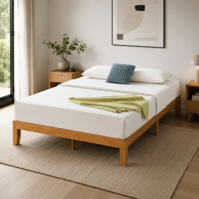 Premium Harmony upholstered full-size bed frame with a minimalist platform design, perfect for modern homes in Dubai, UAE.