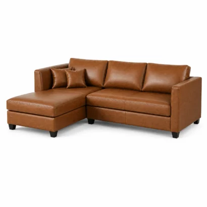 Modern L-shaped leather sofa in cognac brown with chaise for luxury Dubai interiors