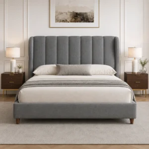 Modern Linen Wingback Platform Bed with Vertical Channel Tufted Headboard in Gray – Luxury Bed Frame Dubai, UAE