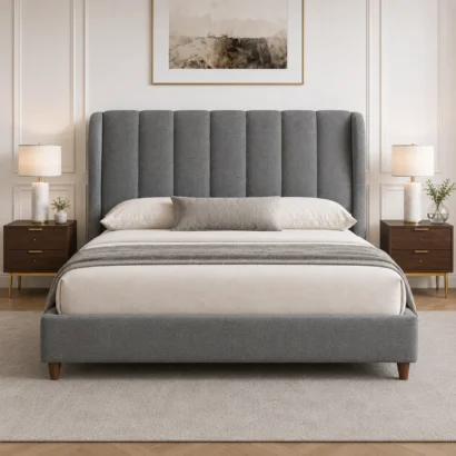 Modern Linen Wingback Platform Bed with Vertical Channel Tufted Headboard in Gray – Luxury Bed Frame Dubai, UAE