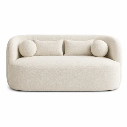 Modern Performance 2-Seater Sofa in premium cream bouclé fabric with a contemporary curved design for luxury living rooms in Dubai, UAE.