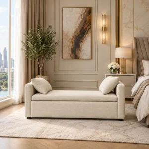 Modern storage bench with 2 cozy pillows styled in a luxury bedroom