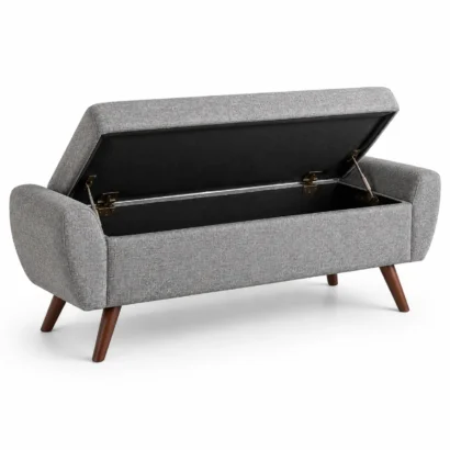 Modern storage bench with grey upholstery, rounded arms and warm wooden legs