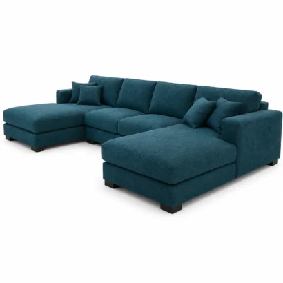 Luxury Teal Blue Corner Sofa featuring high-density foam cushions and durable fabric upholstery from Ansary Furniture UAE.