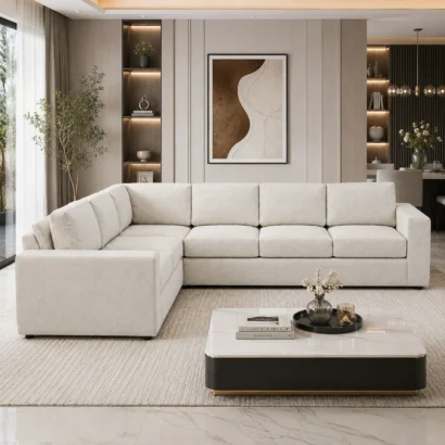 Nova 6-Seater L-Shaped Sofa placed in a luxury modern living room with premium fabric upholstery in Dubai, UAE